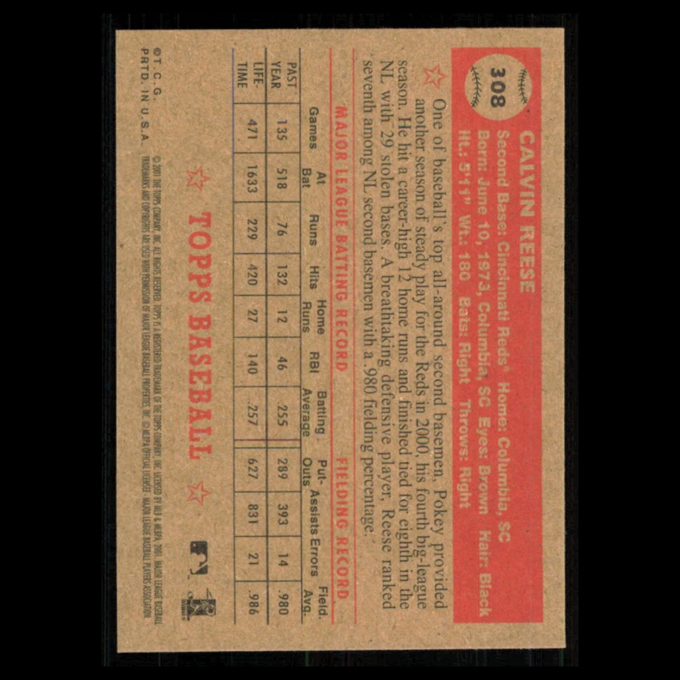 Pokey Reese #308 2001 Topps Heritage Cincinnati Reds Baseball Card MLB NM - Image 2 of 3