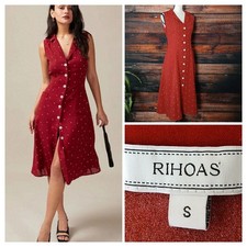 Rihoas Midi Dress S Red Polka Dot Button Down Tie Back Pockets Retro NWT