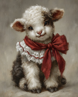 8x10 Sheep with Red Bow Art Print - 108659288