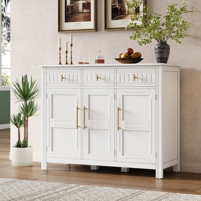White Acacia Wood Accent Cabinet, 3 Doors 3 Drawers, 48'' Long