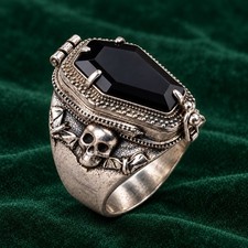925 Sterling Silver Black Onyx Skull Coffin Poison Ring Gothic Size 10
