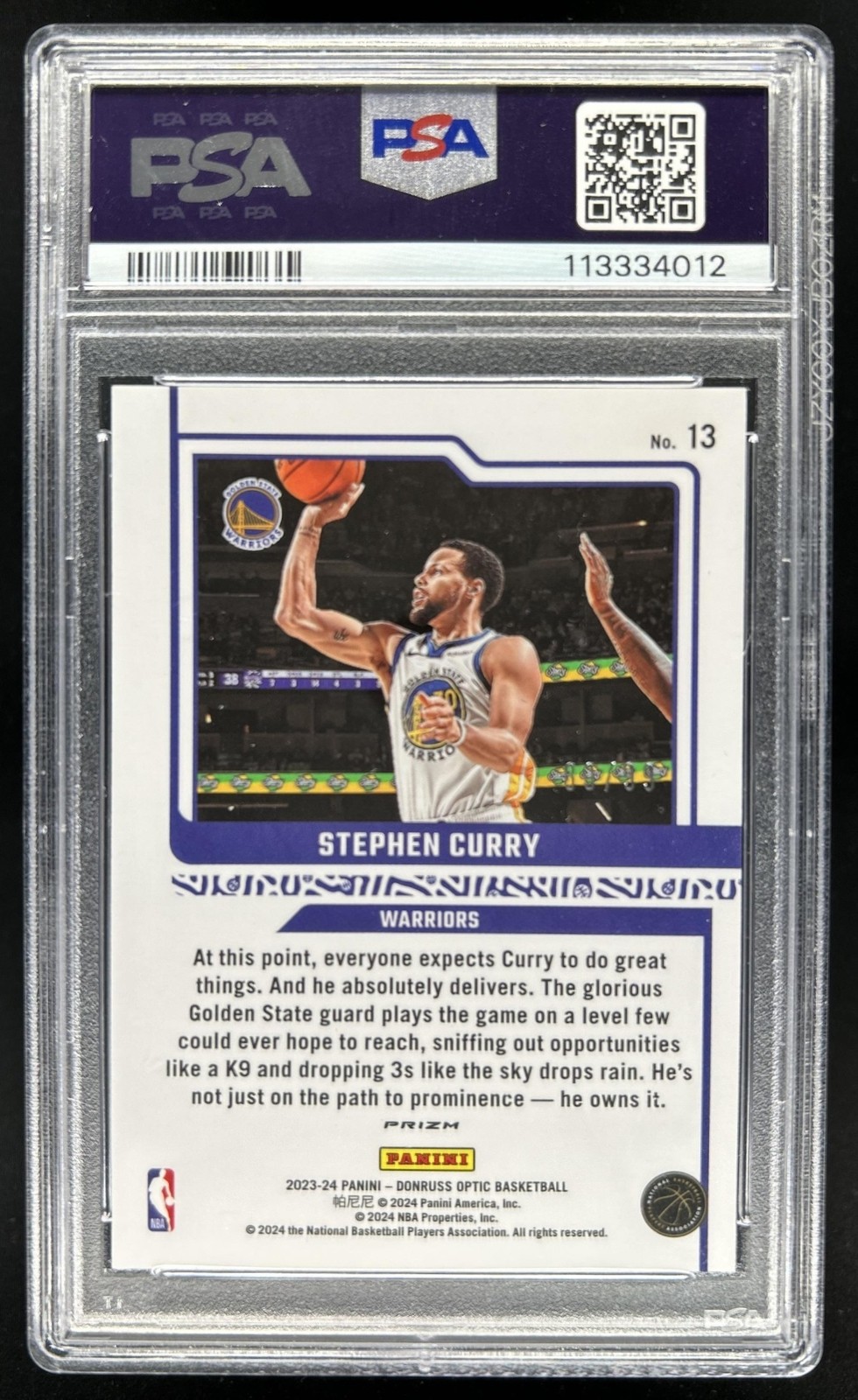 2023-24 Donruss Optic Stephen Curry Dominators Red Gold International #/99 PSA 9 view 2