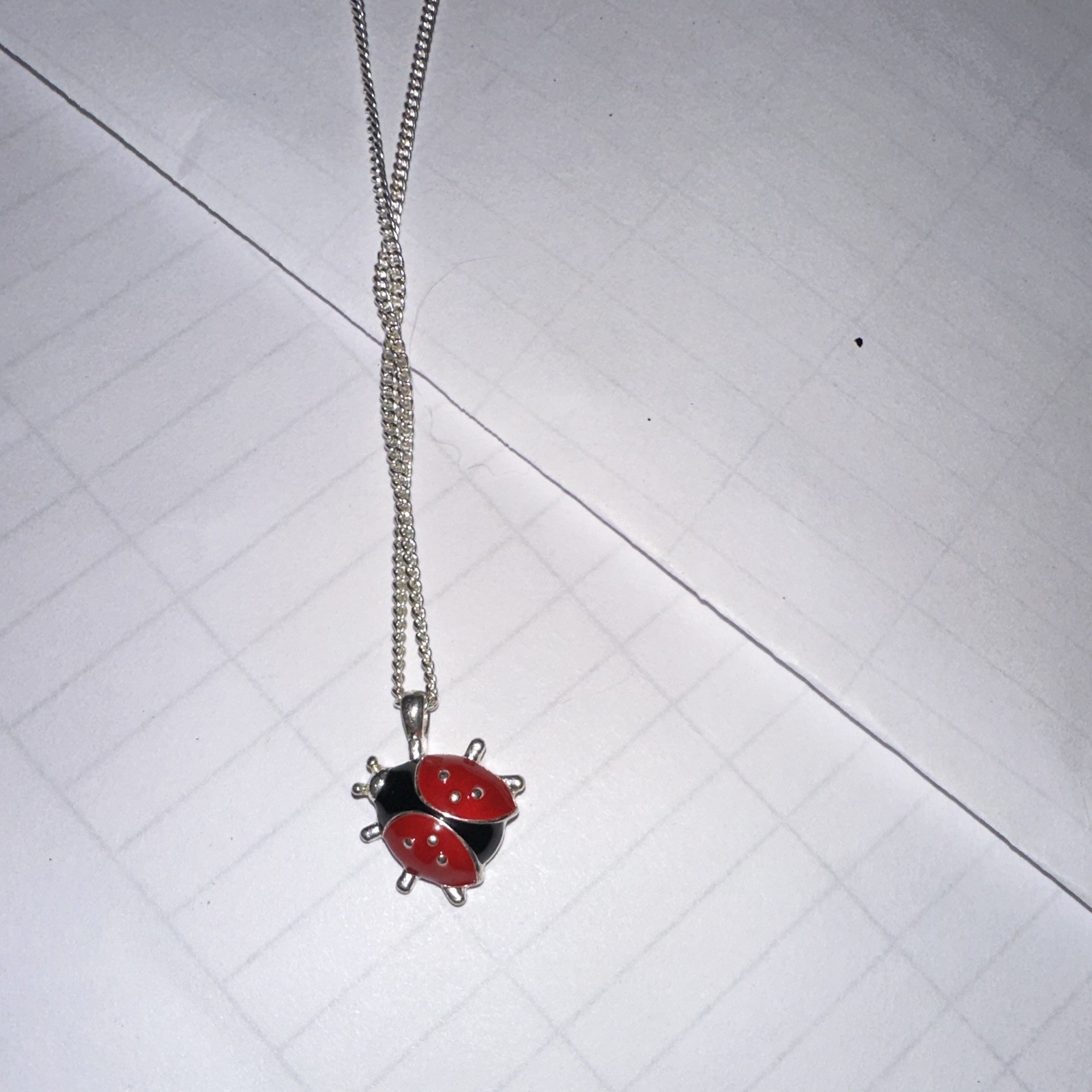 Silver Tone Red Enamel Ladybug Charm Pendant Cable Chain Necklace Adjustable