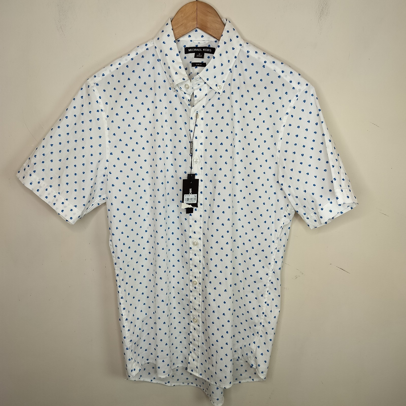 Michael Kors Mens Button Down Shirt Medium White Blue Short Sleeve Slim Fit thumbnail 3