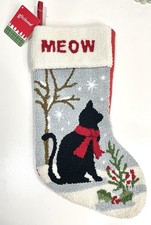 Glitzhome Black Cat Christmas Stocking 19  Hooked Yarn Winter Snow Farmhouse NEW