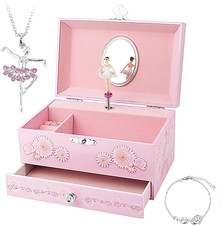 Kids Musical Jewelry Box for Girls with Drawer and Jewelry Set with Ballerina Th