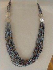 26"TRIBAL BLUE GOLD SEED BEAD NECKLACE EARRING SET 14 STRAND ARTISAN METALLIC