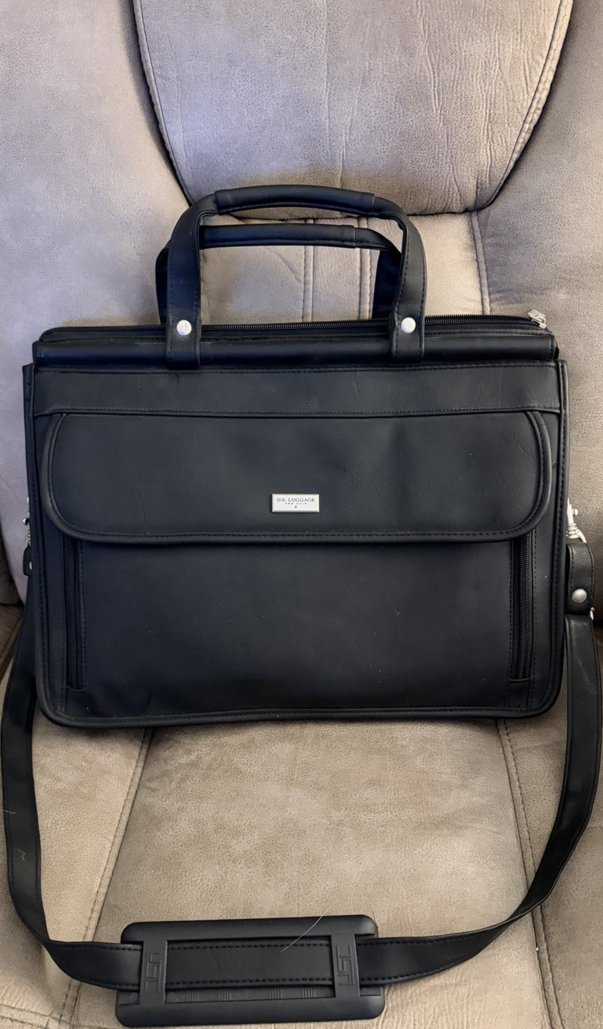 Black Leather Briefcase For 15" Laptop With Shoulder Strap