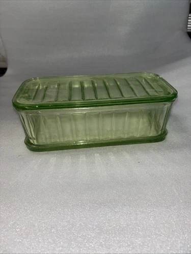 Vintage Uranium Glass 4.25x8.5in Refrigerator Dish Strong Glow Read