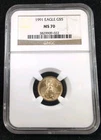 1991 U.S. Mint American Eagle Gold $5 Coin 1/10 oz NGC MS 70 7963A