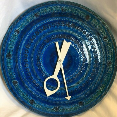 Vintage Bitossi Italian Pottery Clock Rimini Blu Blue Mid Century