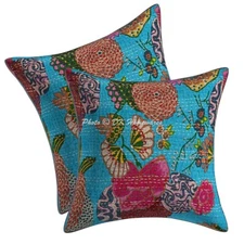 Bohemian Cotton Throw Pillow Covers Tropicana Kantha 40x40 cm Indian Pillowcase