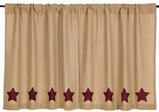 36" Long Burlap Natural Cotton Burgundy Stars Cafe Curtains Window Tier Set