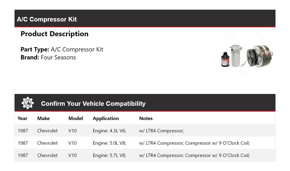 Kit de compresor de aire acondicionado para Chevrolet V10 1987 4 estaciones Foto 2 de 4