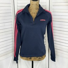 Adidas Essentials Fleece Pullover Women Small 3 Stripes Quarter Zip Blue Pink