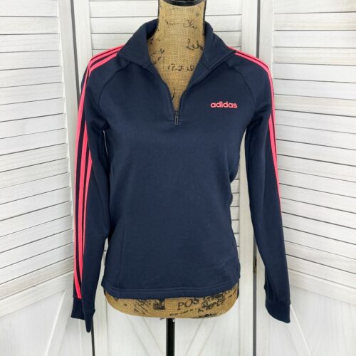 Adidas Essentials Fleece Pullover Women Small 3 Stripes Quarter Zip Blue Pink - Picture 1 of 13