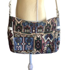 Vintage Sas Multicolor Fabric Tapestry With Beige Leather Adjustable Shoulder