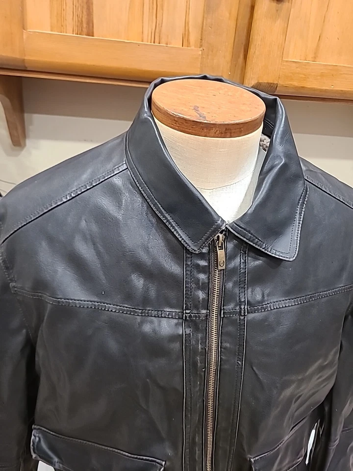 Chaps Simulated Leather Jacket Faux Sherpa Mens Large Flight Bomber Dark Brown - Image 2 of 4