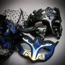 Venetian Black Warrior  BLUE Glitter Peacock Black Feather Ball Couple Mask