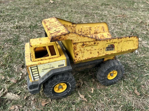 Vintage 1980's Mighty Tonka 17” Long Loader Metal Dump Truck Yellow Turbo Diesel