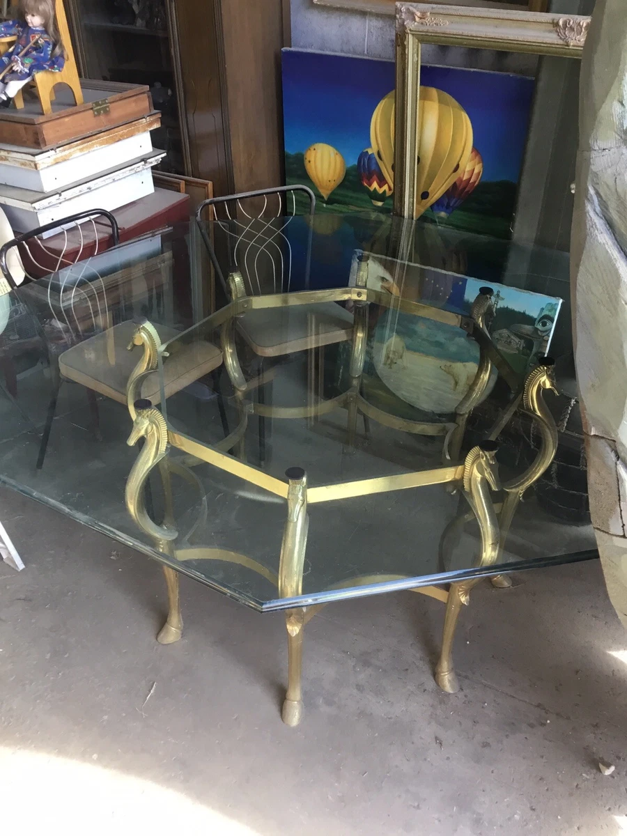Rare Beautiful Art Deco Octagon Glass dining Table with brass Horses 68 inch
