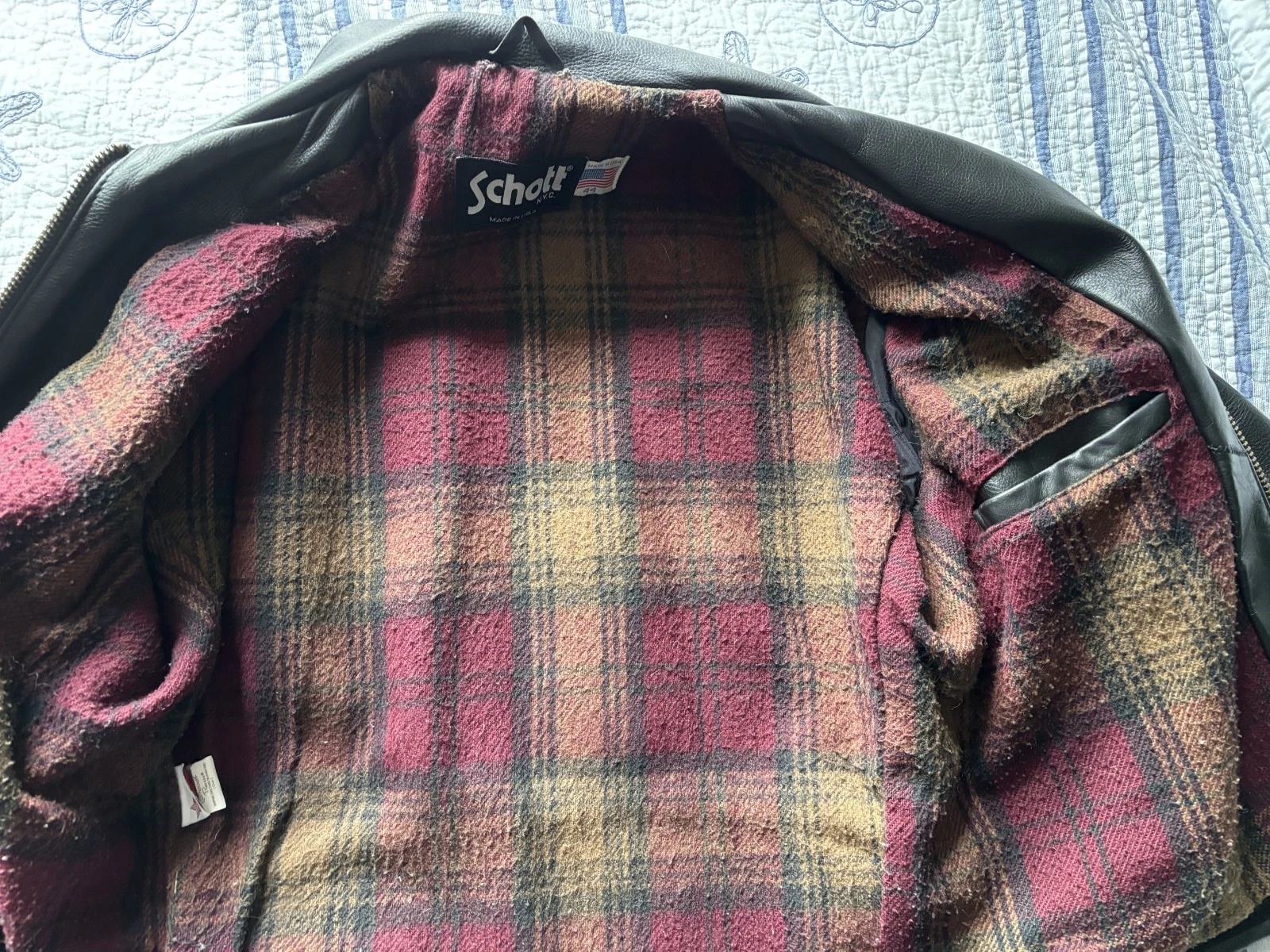 Schott 681 Leather Single Rider Jacket Size 44 Black Collar Flannel Tartan Lined image 10