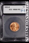 1953-D Lincoln Wheat Cent-ICG MS 66 RD Choice Gem BU No Reserve #SLL957