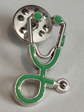 Silvertone Stethoscope Medical Lapel Hat Tack Pin Flair Bag Deco Green Enamel