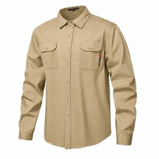 Mens Khaki XL 7oz 100 Cotton Flame Resistant CAT2 FR Welding Work Shirt