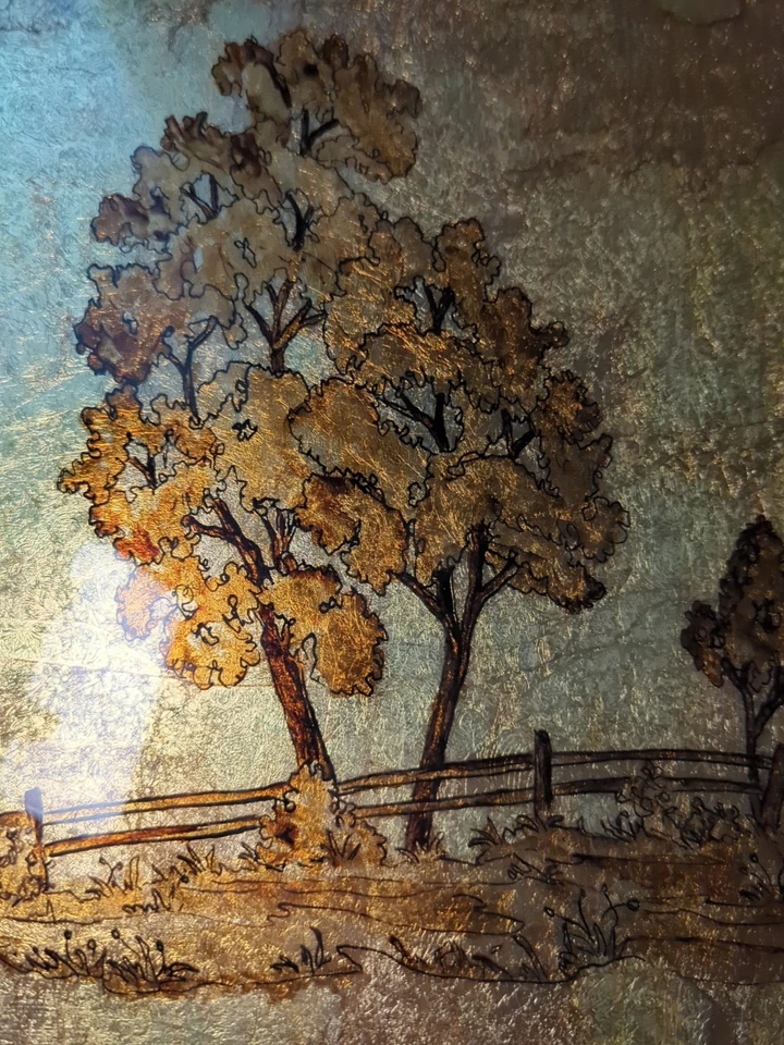 Vintage Gold Foil Art Picture Trees Landscape Framed 10x8 Mid Century Style - Image 2 of 4