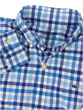 VINEYARD VINES Boys On Go Performance Whale Shirt Gingham Blue SMALL 8-10 Preppy
