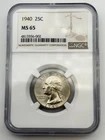 1940-P Washington Silver Quarter 25C NGC MS65 BU UNC Philadelphia US Coin BM1