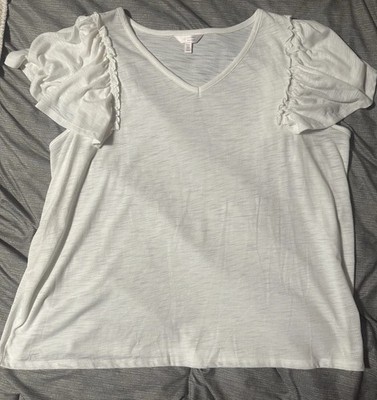 Lauren Conrad White V Neck T Shirt With Ruffle Sleeves Size 3X
