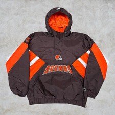 Vintage Cleveland Browns Jacket Mens Large Brown Hooded Puffer Starter Pocket
