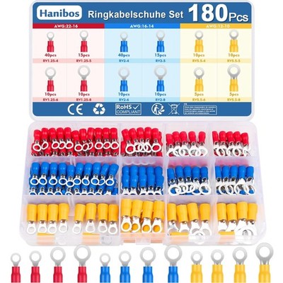 Kabelschuhe Ring Terminals 180 Stück Set 12 Größen Autos Garage Werkstatt