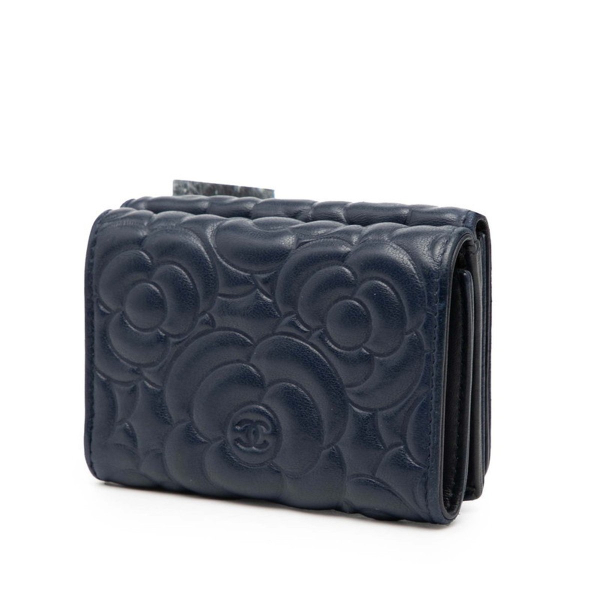 CHANEL Camellia Coco Mark Tri-fold Wallet Navy Leather Women's