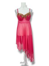 Hot Pink Sheer Babydoll Chemise M Floral Applique Hi-Low Hem Coquette Dainty