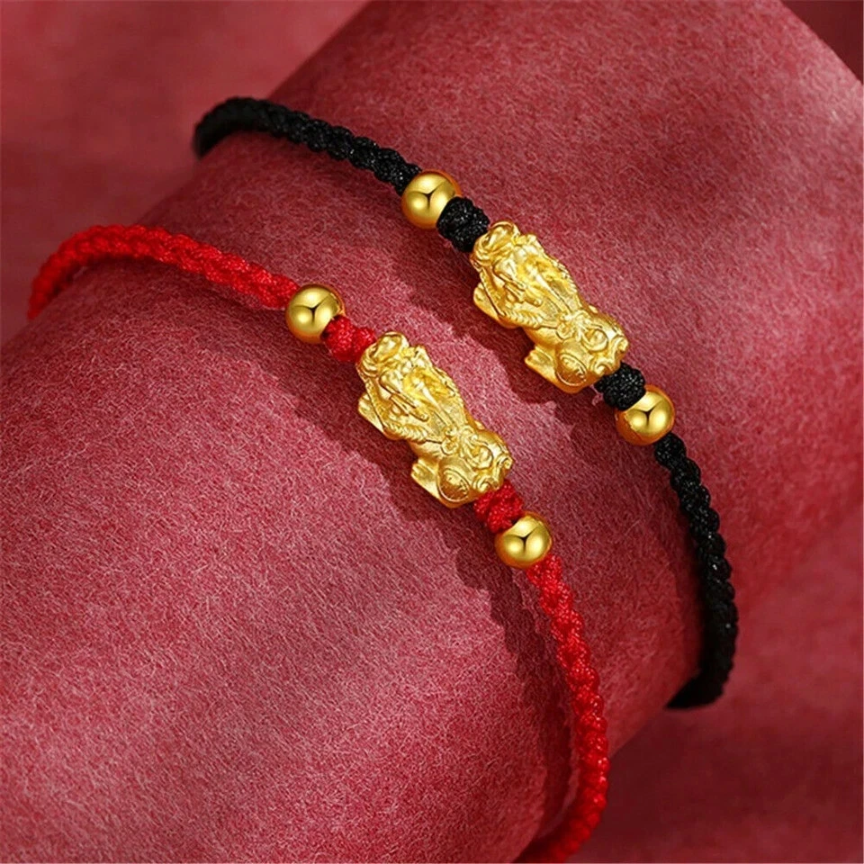 Brazalete de oro amarillo real de 24 quilates 3D Pixiu cuentas de oro rojo negro cuerda ajuste de 6,5 pulgadas Foto 2 de 4