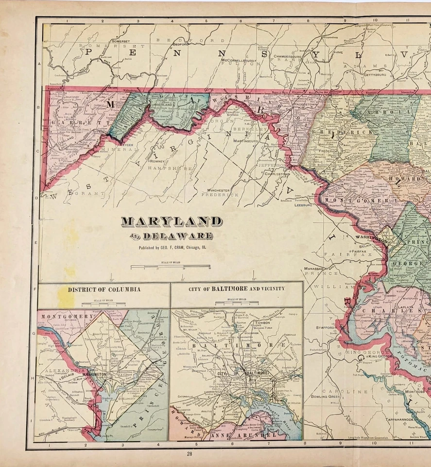 Mapa MARYLAND 1907 - DELAWARE FERROCARRILES ORIGINALES - MUNICIPIOS - CONDADOS Foto 2 de 3