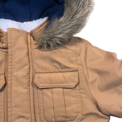 Carters Boy 2T Medium Weight Parka Brown Pocket Hooded fur Jacket Winter Cozy