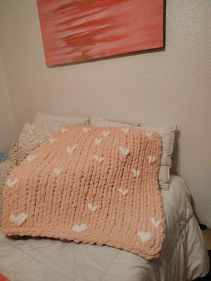 Handmade Pink Chunky Finger Knitted Blanket w/ White Heart Pattern