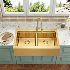 Gold Farmhouse Kitchen Sink 33 X 22 Drop In, 50/50 Double Bowl Farm Sinks, 16 Ga