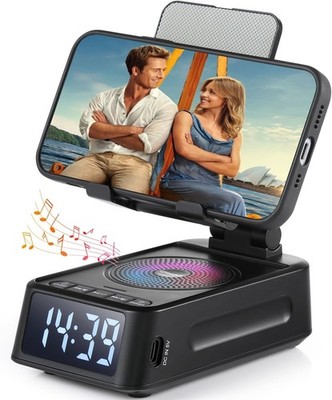 Gifts for Men Women, Phone Stand with Bluetooth Speaker&Clock, Birthday black
