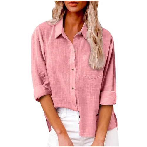 Women Linen Cotton Shirt Button Up Tops Long Sleeve Casual Loose Blouse Casual - Bild 41 von 48