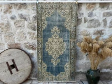 Hand-Knotted Area Oushak Carpet 3x6 Blue Cotton Geometric Rug Muted Organic