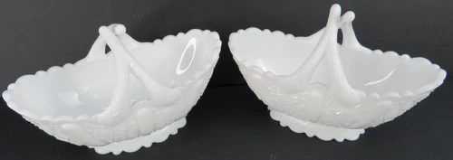 Lot of 2 Vintage Fenton Daisy & Button Split Handle Oval Milk Glass Basket