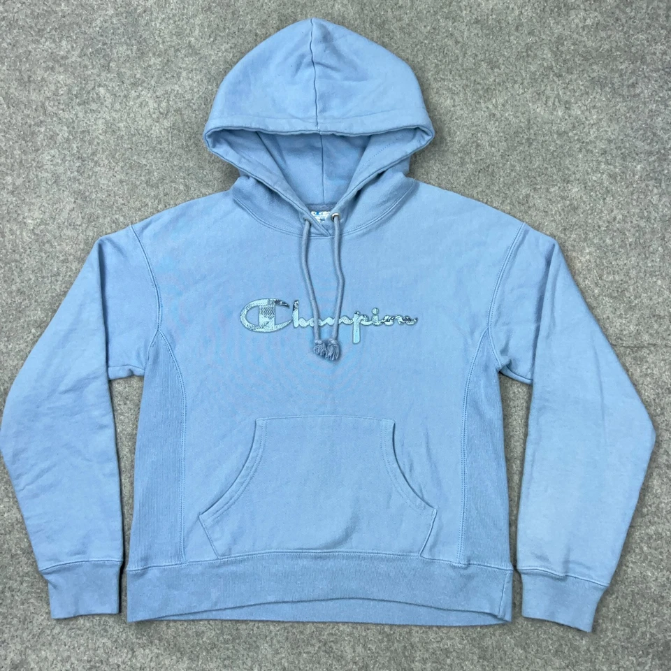 Champion Sudadera con Capucha Tejido Inverso Mujer Pequeña Azul Bordada Pullover Sudadera Foto 2 de 4