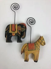Wooden Horse & Elephant Decorative Spiral Clip Photo Holder in Warm Color Tones