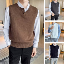Men Vest Knitted Waistcoat Gilet Jumper Sweater Knitwear Pullover Retro