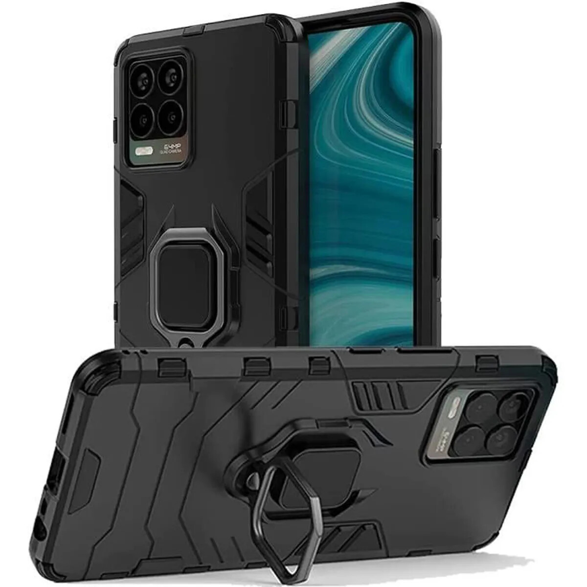 Coque De Protection Pour Realme C35 Avec Anneau Aimanté - Bumper TPU+PC - Noir - Neuf